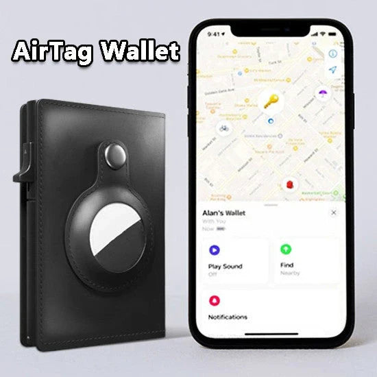 Premium leather wallet with built-in AirTag holder for secure everyday carry and item tracking