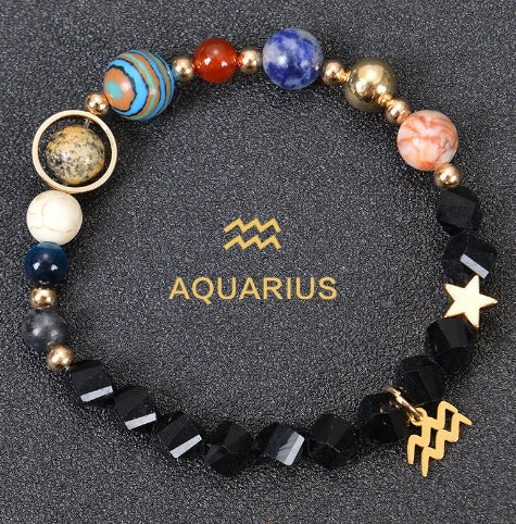 Frosted Stone Beaded Zodiac Bracelet featuring detailed zodiac signs on natural stone beads