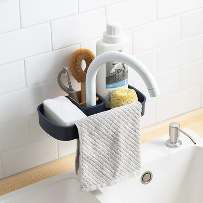 A versatile faucet-mounted sink caddy with compartments for storing sponges, detergent, and other kitchen essentials