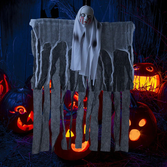 Skeleton Hanging Ghost Halloween Decoration floating eerily in the wind