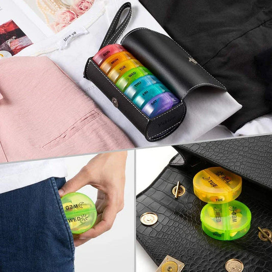 A black plastic 7-day pill organiser with rotating compartments and hidden storage for secure medication management