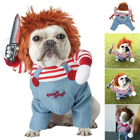 Adjustable Halloween pet costume for dogs in Horseman and Photo Color designs, includes wig and foam knife accessories
