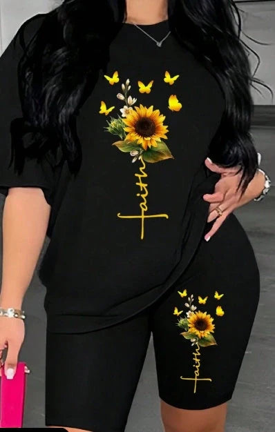 Women's sunflower printed t-shirt and shorts set for summer