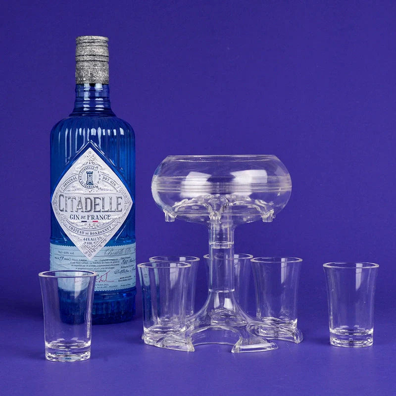 6-shot glass dispenser holder with 6 cups for wine, whisky, and beer
