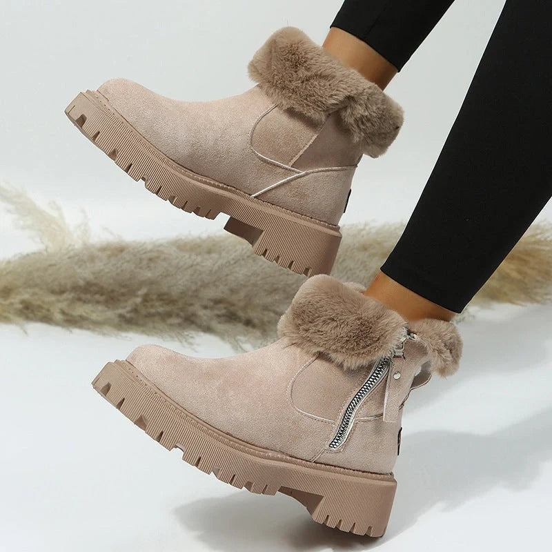 Women's foldable plush snow boots in black and khaki with round-toe design