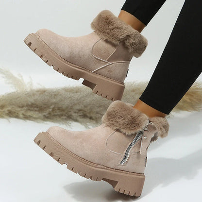 Women's foldable plush snow boots in black and khaki with round-toe design