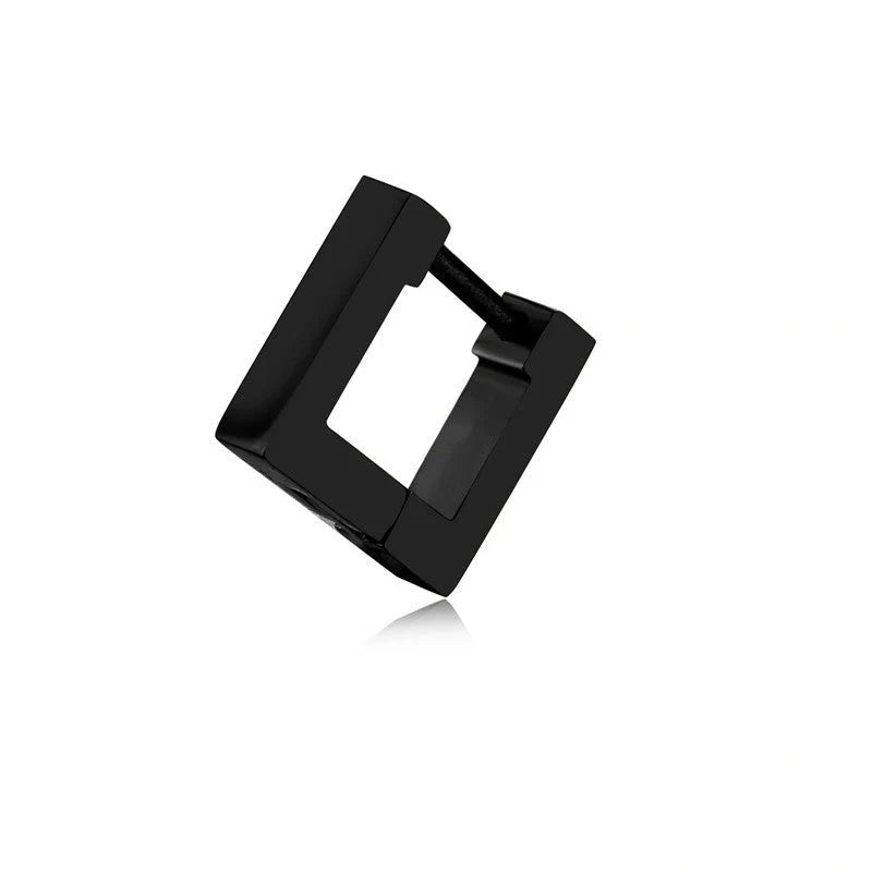 Stainless steel triangular hoop earrings in white, black, and gold options