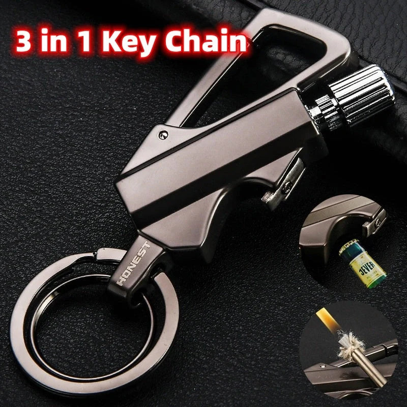 Metal keychain lighter with flint starter and bottle opener in various finishes