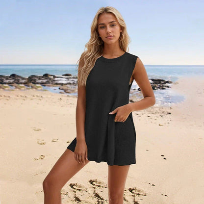 Versatile summer knit set featuring a chic split-front vest and matching shorts in a variety of vibrant colors