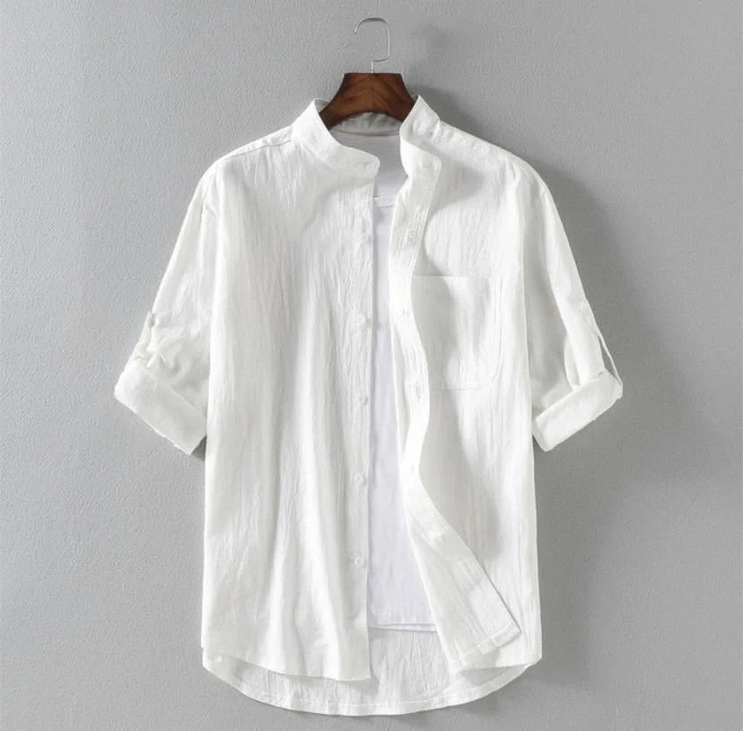 Men's linen stand collar loose shirt in cotton available in white, black, and green