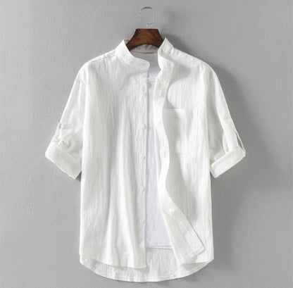 Men's linen stand collar loose shirt in cotton available in white, black, and green
