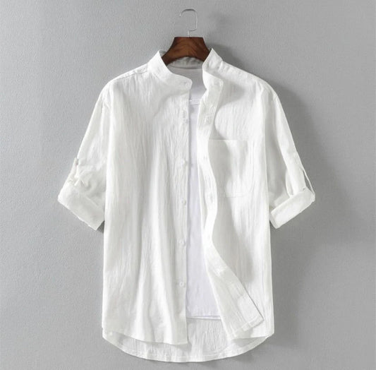 Men's linen stand collar loose shirt in cotton available in white, black, and green