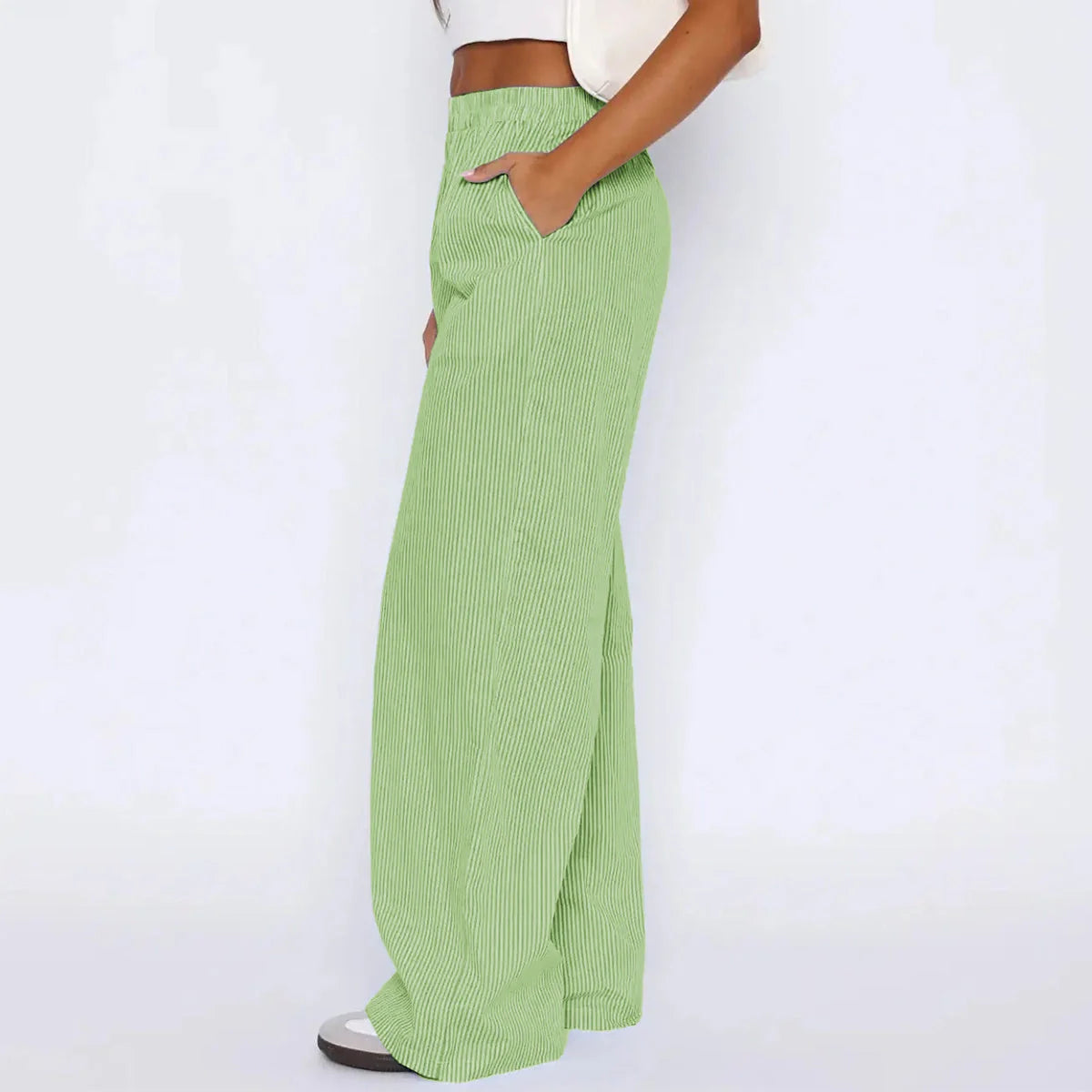 Women's wide-leg striped trousers with pockets in multiple colours