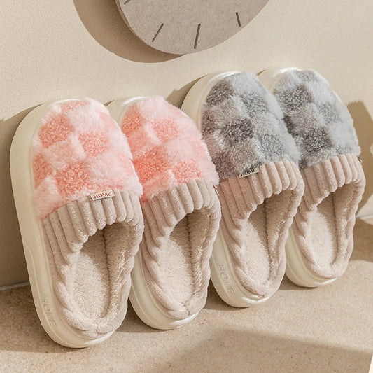 Plaid plush slippers for women with non-slip sole in various colours