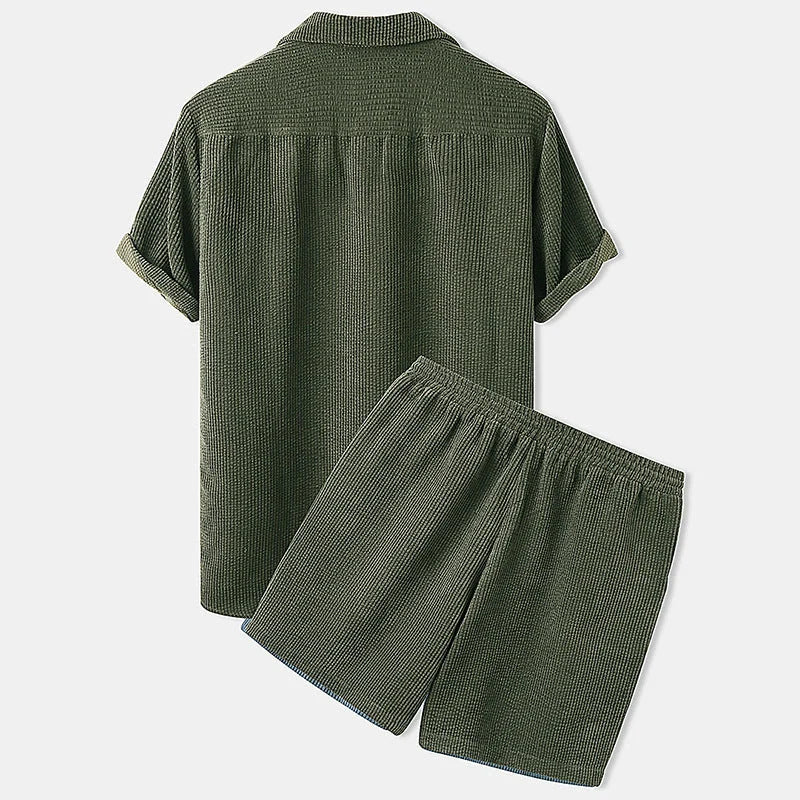 Corduroy short sleeve suit two-piece set in yellow, green, and light blue