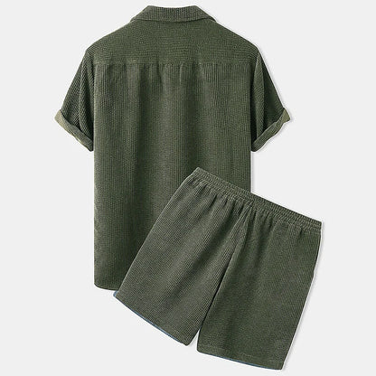 Corduroy short sleeve suit two-piece set in yellow, green, and light blue