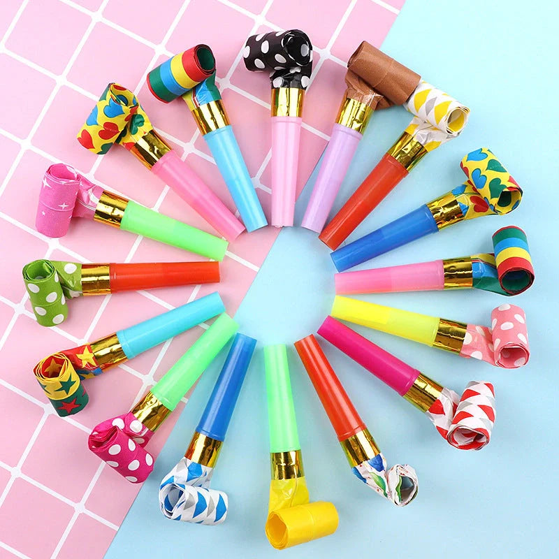 Colourful dragon-themed party favours made of high-quality plastic, including sticks and hammers in a variety of vibrant hues