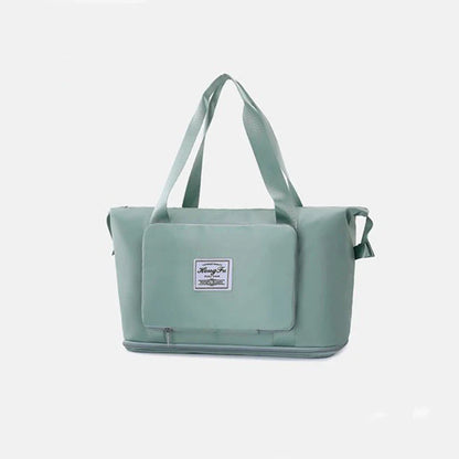 Expandable travel duffel bag with adjustable shoulder strap, multiple interior pockets, and water-resistant Oxford cloth material