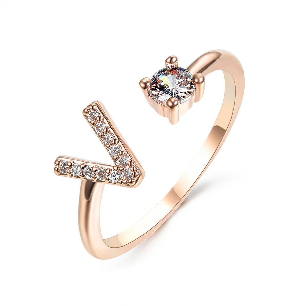 Customizable adjustable ring with 26 letters for women, featuring zircon stones and copper alloy construction