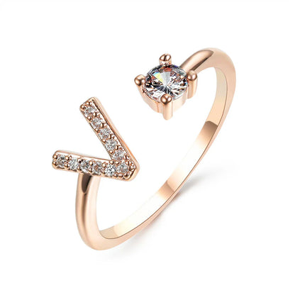 Customizable adjustable ring with 26 letters for women, featuring zircon stones and copper alloy construction
