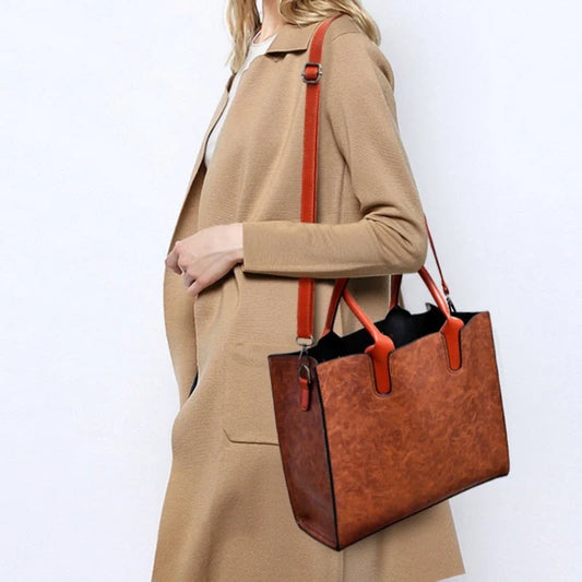 Retro three-piece women's bag set in PU leather, available in red, black, and brown