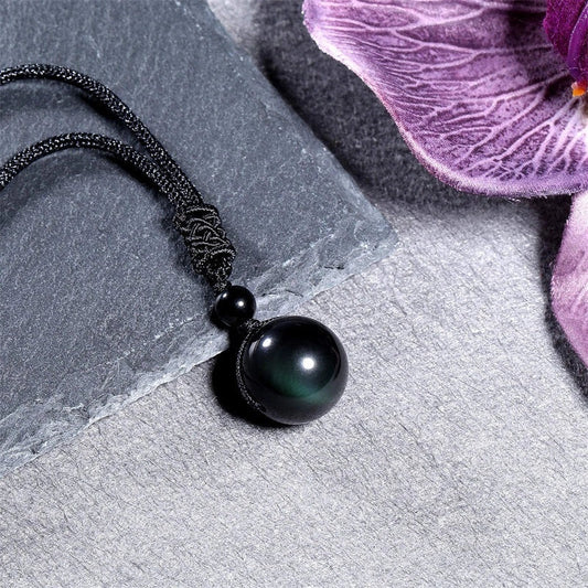 Stylish 16mm Natural Obsidian and Amethyst Pendant Necklace for Women and Men
