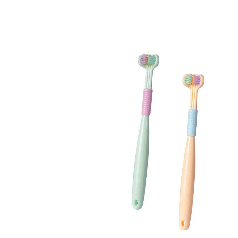 Soft bristle toothbrush with 3-sided brush head for thorough dental cleaning