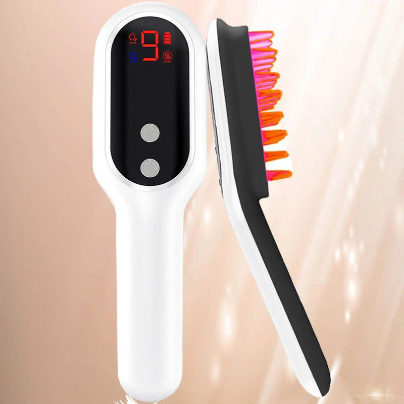 An electric hair growth comb with red and blue light therapy, magnetic massage, and customisable settings for promoting healthy hair growth.