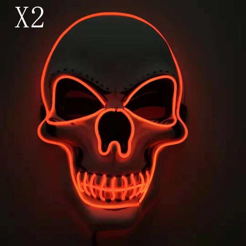 A glowing skull-shaped Halloween mask with adjustable straps and three lighting modes: constant, slow flash, and rapid pulse