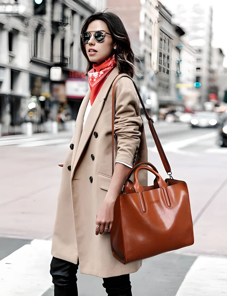 Premium leather tote bag in various colours, featuring a spacious interior, adjustable shoulder strap, and durable PU leather construction