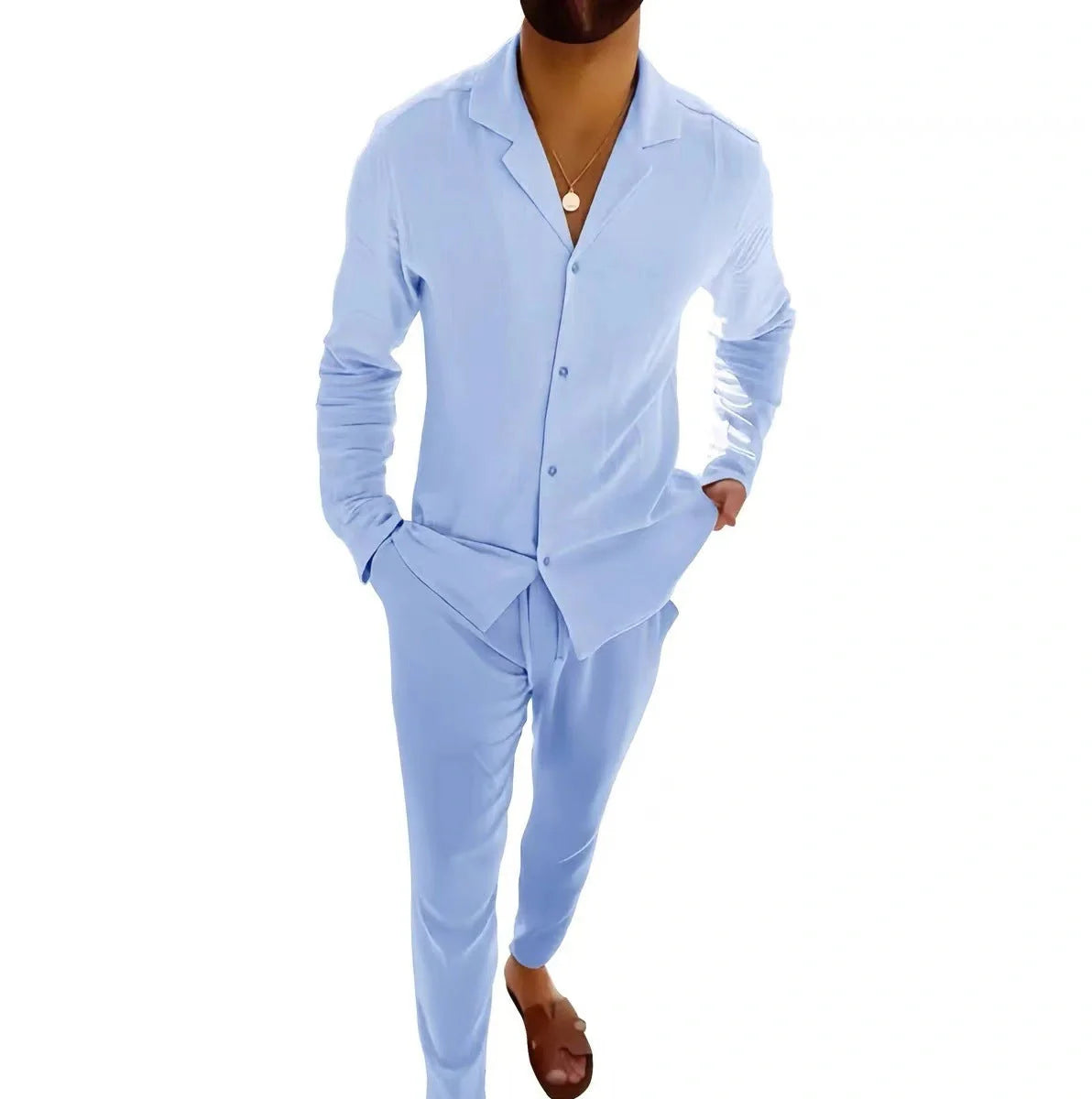 Men's casual long-sleeved suits with single-breasted shirt and slim-fit trousers in various colours