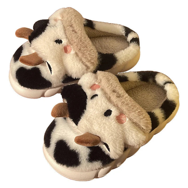 Women's Kawaii Cow Slippers with non-slip sole and plush lining in white and coffee colors