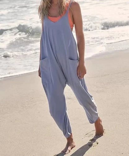 Sleeveless jumpsuits for women in a variety of colors, including black, gray, green, brown, orange-red, light blue, purple, and dark gray