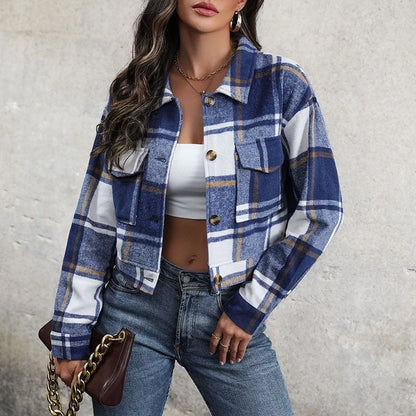 Plaid lapel cropped jacket for women with functional pockets in various colours