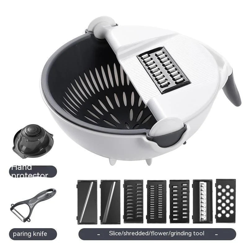 A premium 9-in-1 vegetable drainage basket with a unique drainage system and interchangeable blades for efficient meal preparation