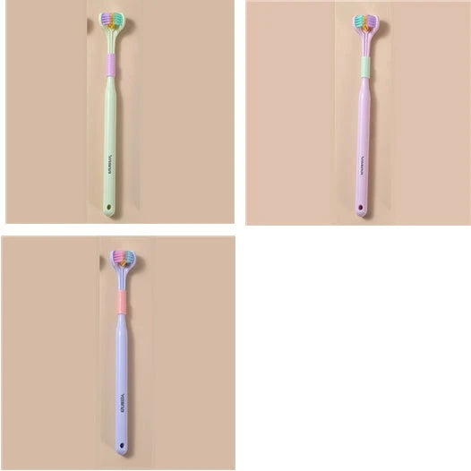 Soft bristle toothbrush with 3-sided brush head for thorough dental cleaning