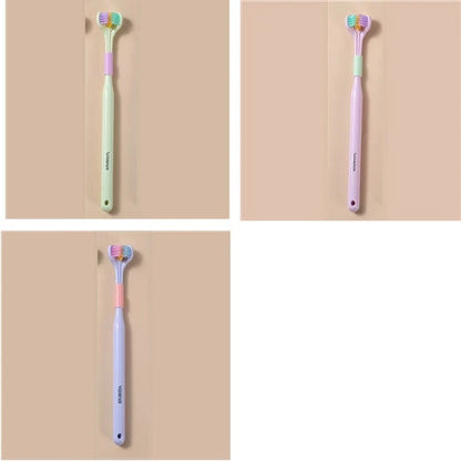 Soft bristle toothbrush with 3-sided brush head for thorough dental cleaning