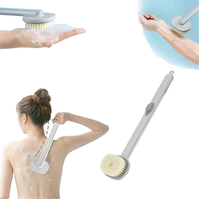 Ergonomic dual-purpose shower brush with detachable head in yellow, grey, green, and pink