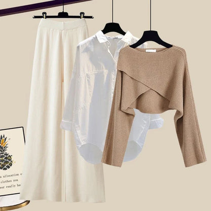 Women's 3-piece knitted sweater suit with shirt and wide leg pants in grey and white