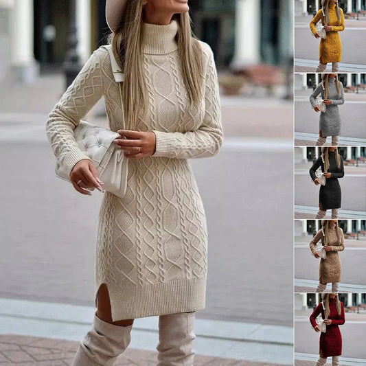 Stylish women's turtleneck knitted dress with slit design for winter warmth