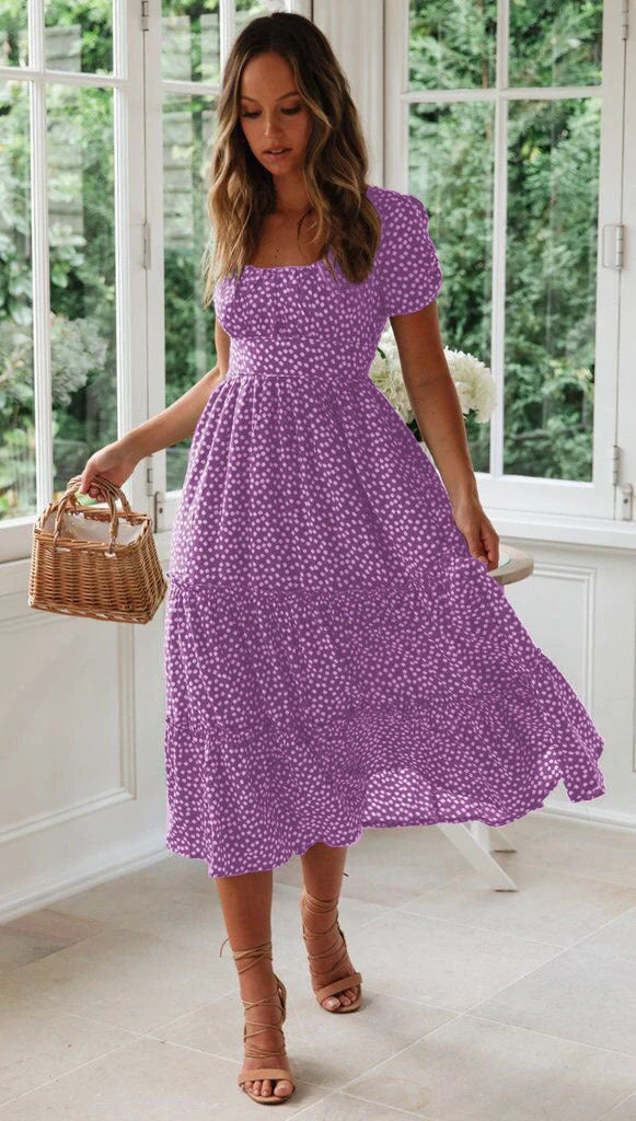 Elegant floral puff sleeve midi dress in various colours and patterns