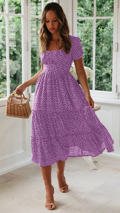Elegant floral puff sleeve midi dress in various colours and patterns