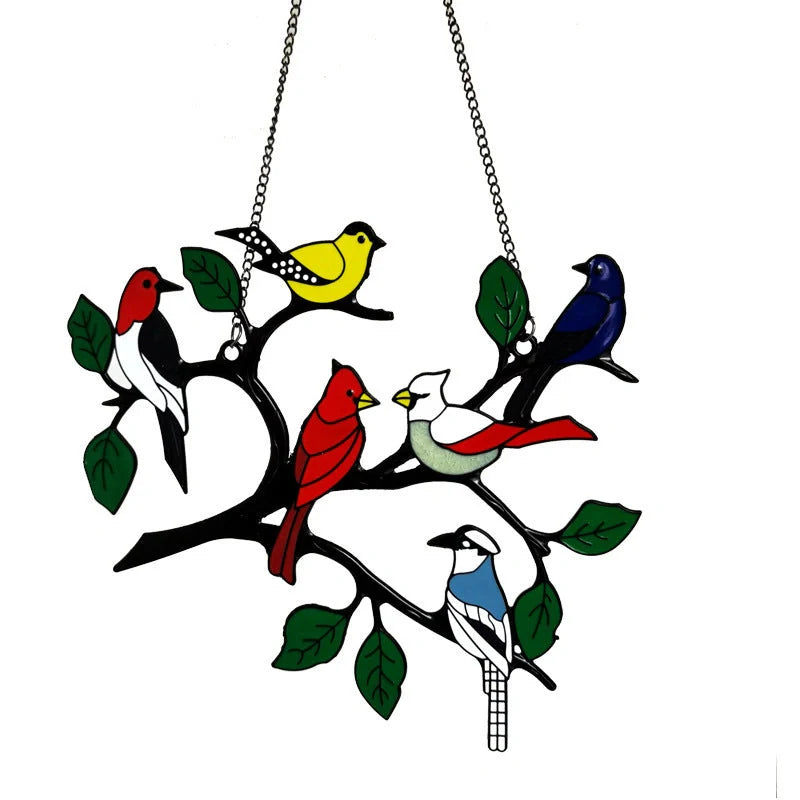 Hand-cut acrylic small bird painted window decoration in vibrant colours