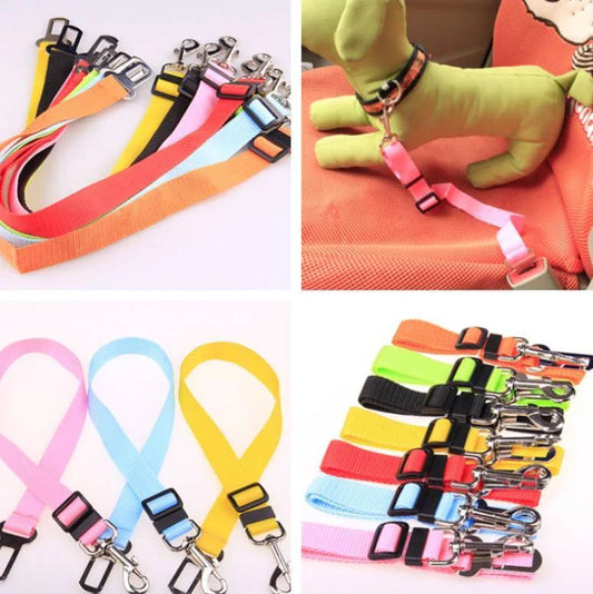 Adjustable dog seatbelt made of durable nylon material with heavy-duty hardware for secure pet travel