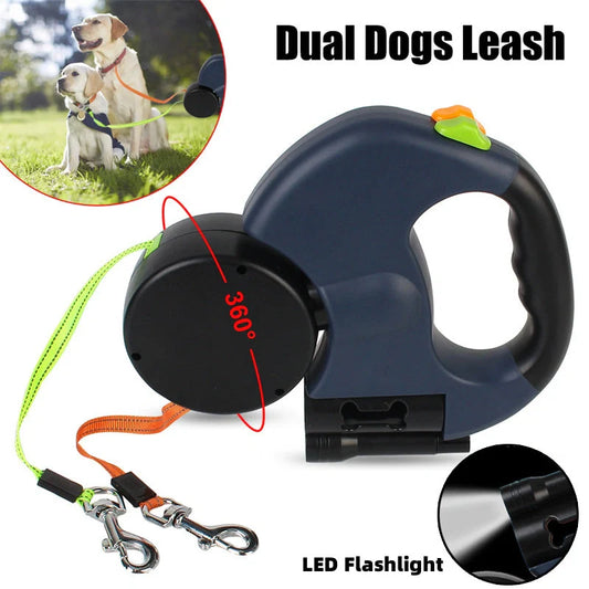 Reflective dual pet leash for small dogs with 360 swivel and lights