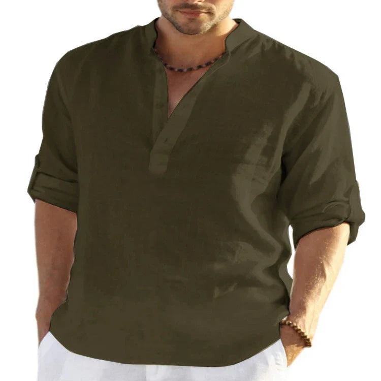A stylish linen-blend men's casual shirt with a stand collar, button-down closure, and slim tailored fit