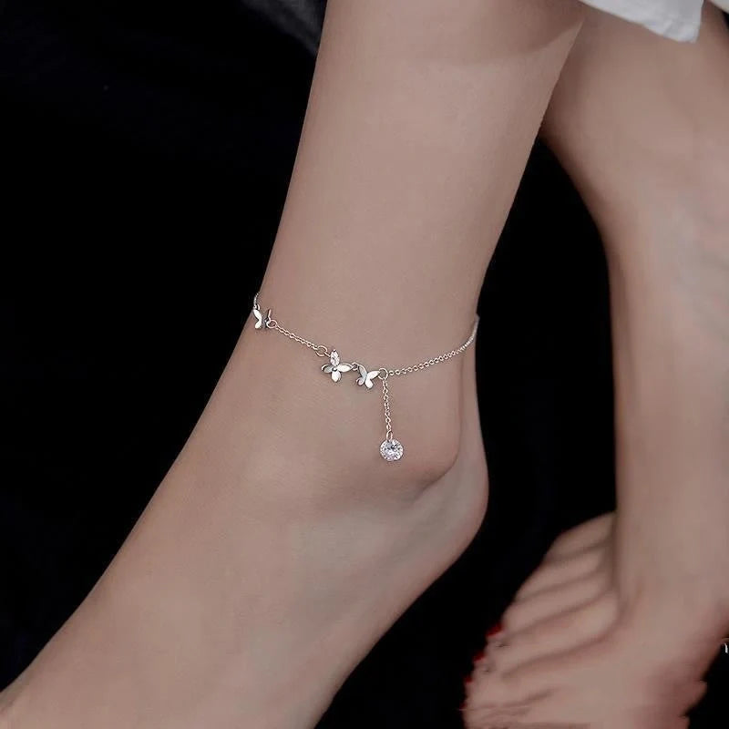 S925 Sterling Silver Butterfly Zircon Anklet with Flower Tassel in white gold colour