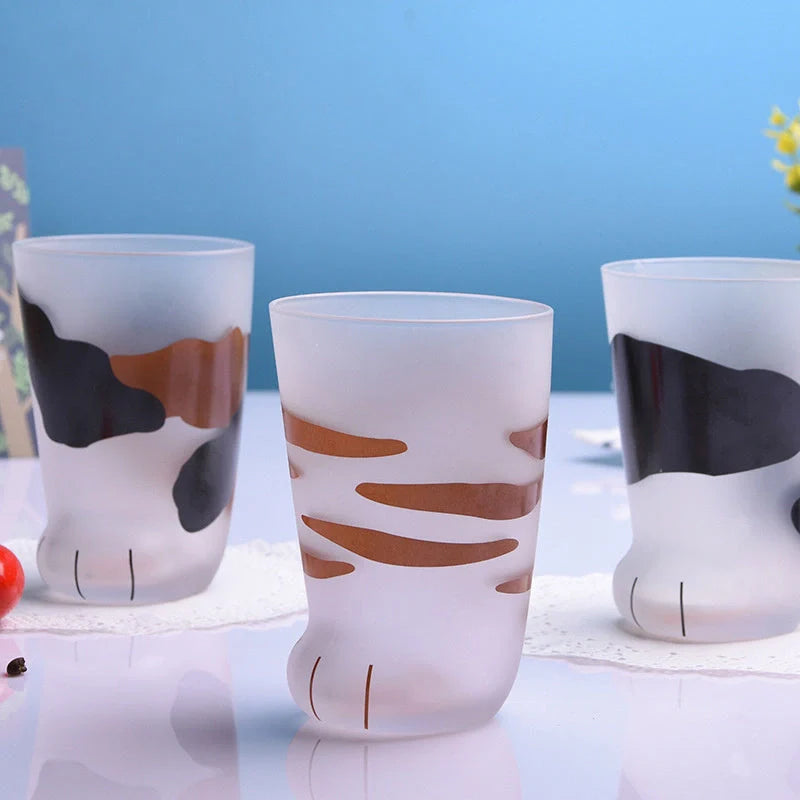 Heat-resistant glass cat paws mug with frosted texture, 300ml capacity