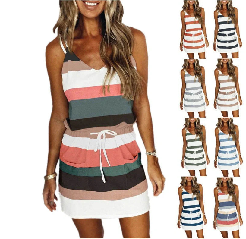 Women's cotton stripe drawstring summer dress with loose waist