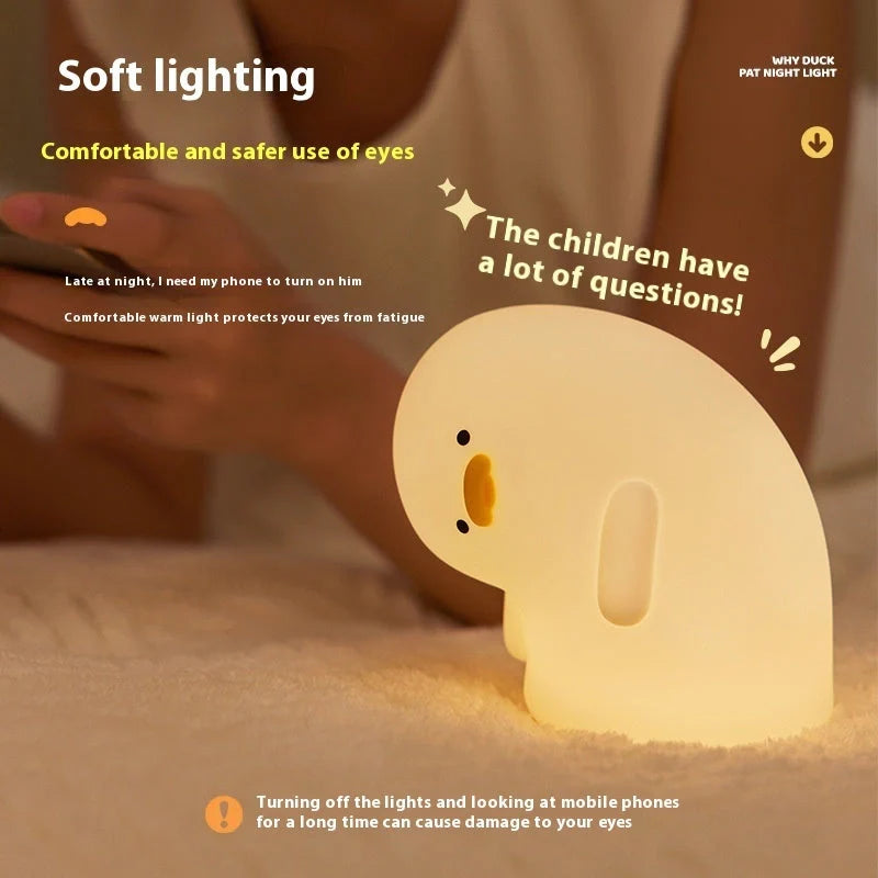 Cute Duck LED Night Light in white and yellow, USB rechargeable with touch control